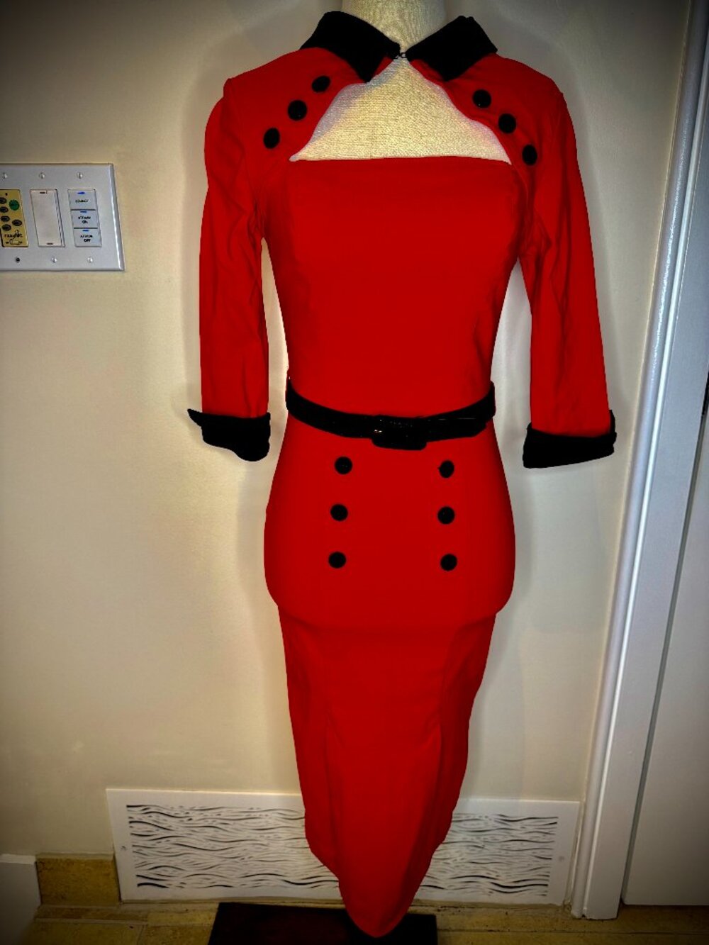 Hell Bunny Vixen Midi Retro Pinup Wiggle Pencil Red & Black Dress w/ belt, XS